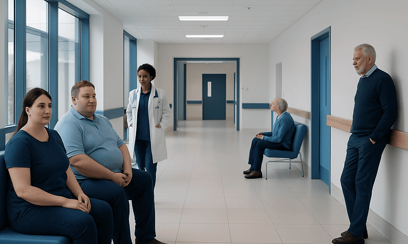 Patients waiting in a hospital corridor with medical staff nearby.