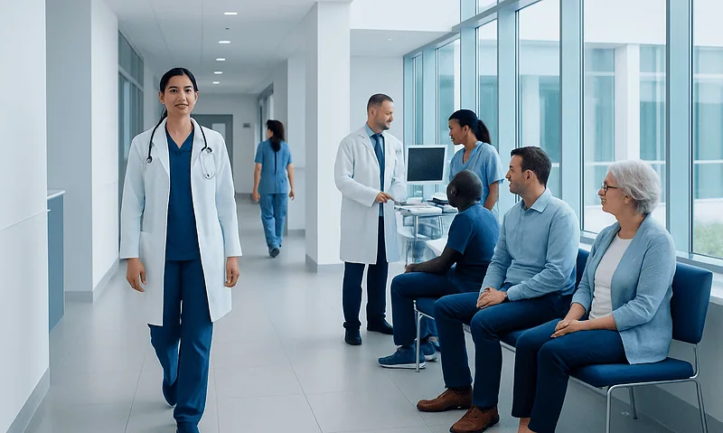 Medical team and patients in a modern hospital corridor.