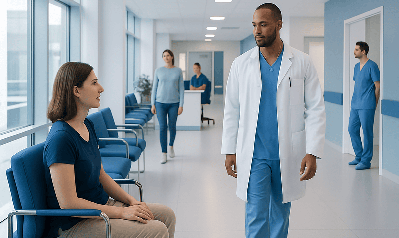 Doctor consulting a patient in a hospital corridor with other staff in background.
