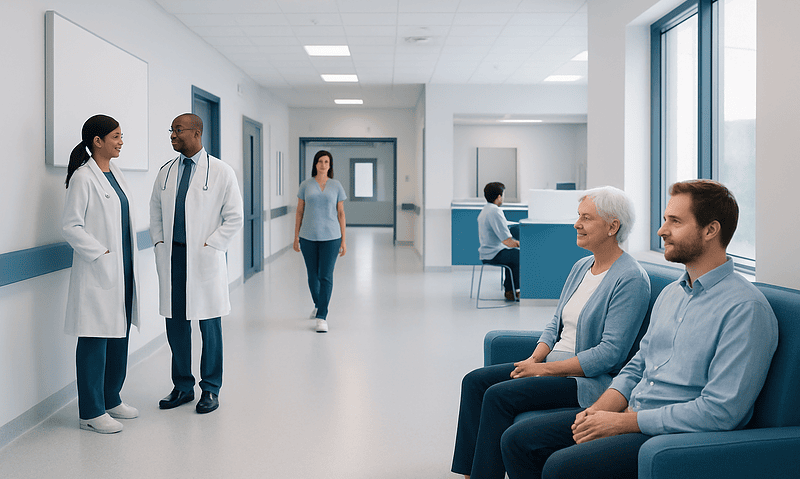 Medical consultation in a modern hospital corridor with doctors and patients.