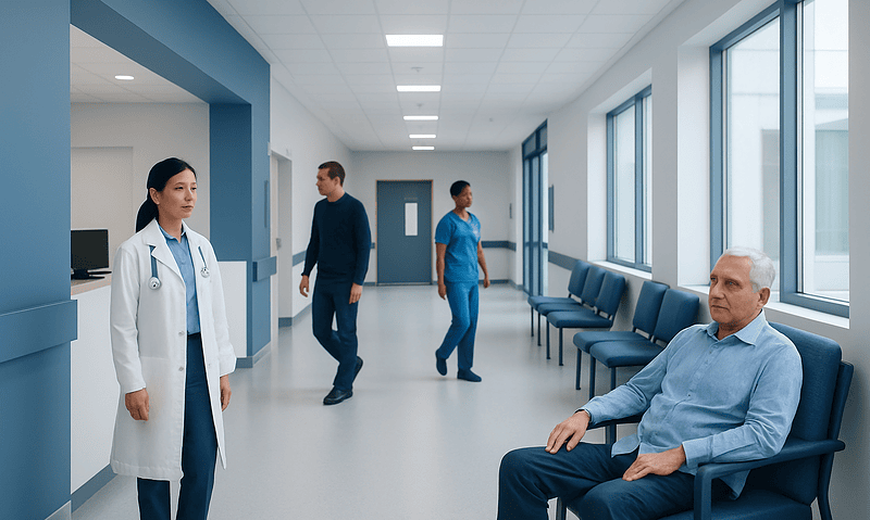Hospital corridor with medical staff and patient, healthcare setting.