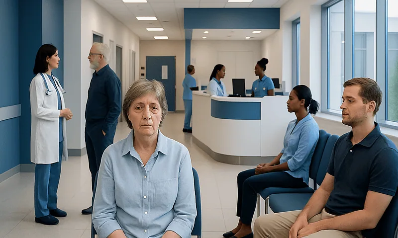 Patients waiting in a hospital corridor with medical staff nearby.