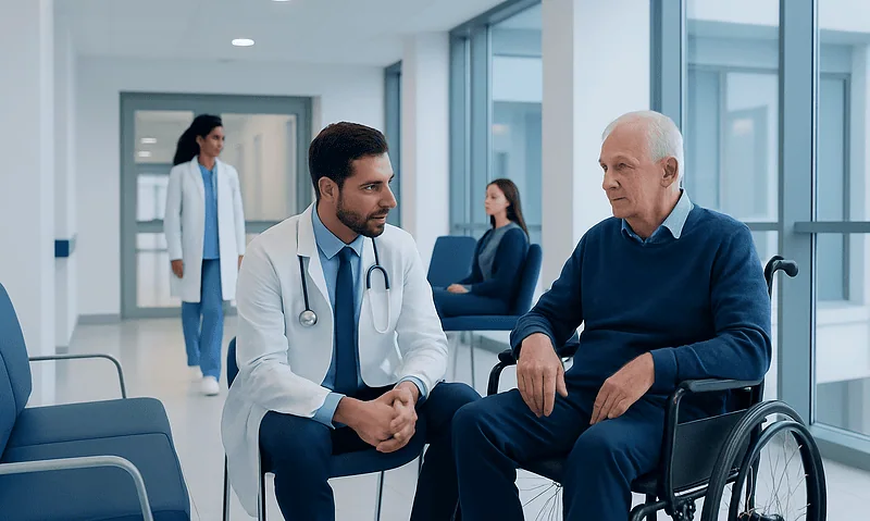 Doctor consulting elderly patient in hospital corridor.