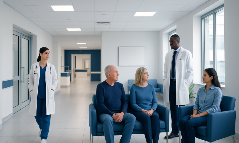 Medical consultation in a modern hospital waiting area with doctors and patients.