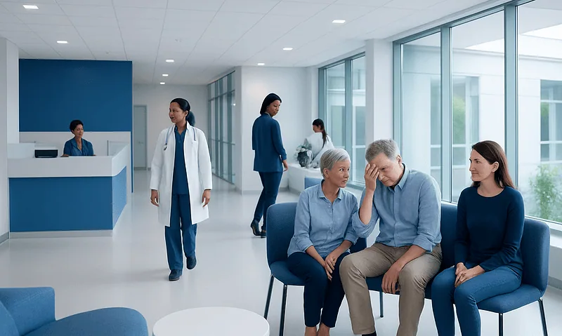 Patients waiting in a modern hospital lobby with medical staff nearby.