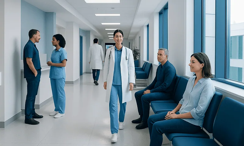 Healthcare professionals and patients in a modern hospital corridor.