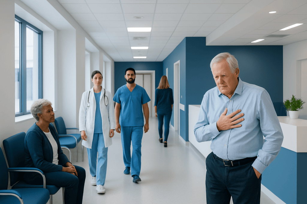 Angina That Keeps Coming Back: When Bypass Surgery May Be the Next Step 1 Elderly man experiencing chest pain in hospital corridor with medical staff nearby.