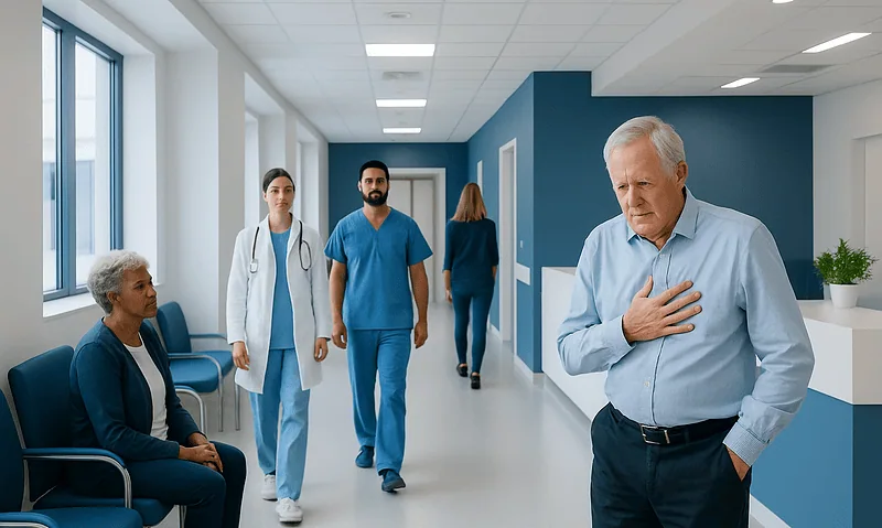 Elderly man experiencing chest pain in hospital corridor with medical staff nearby.