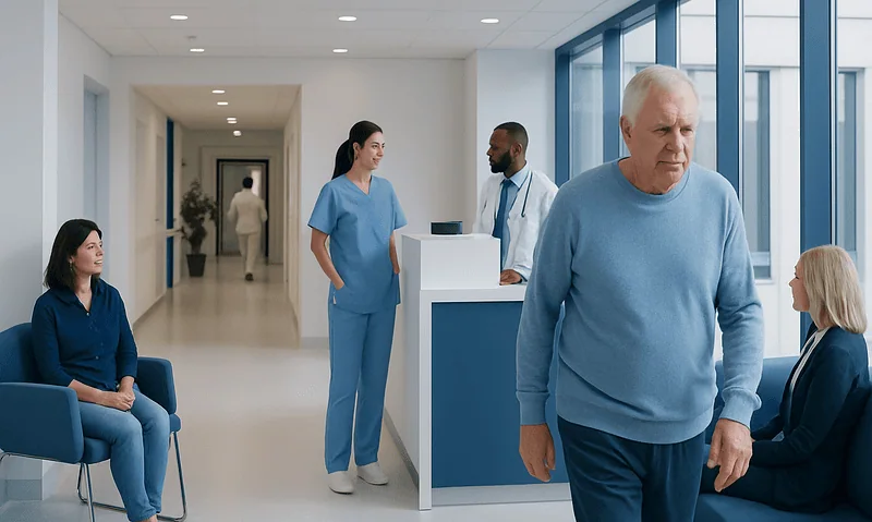 Elderly man walking in hospital corridor with medical staff and patients nearby.