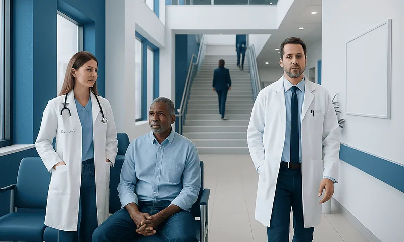 Medical team with patient in hospital corridor at Acibadem Hospitals Group.