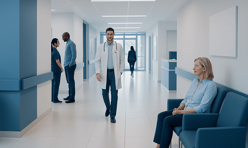 Medical staff and patient in a modern hospital corridor at Acibadem Hospitals Group.
