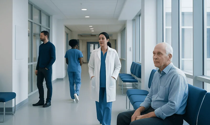 Hospital corridor with medical staff and patient in waiting area.