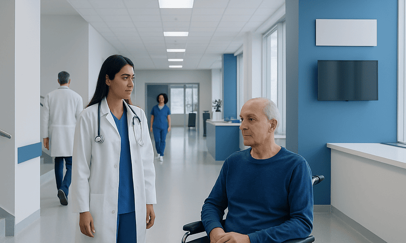 Doctor consulting patient in hospital corridor with medical staff in background.