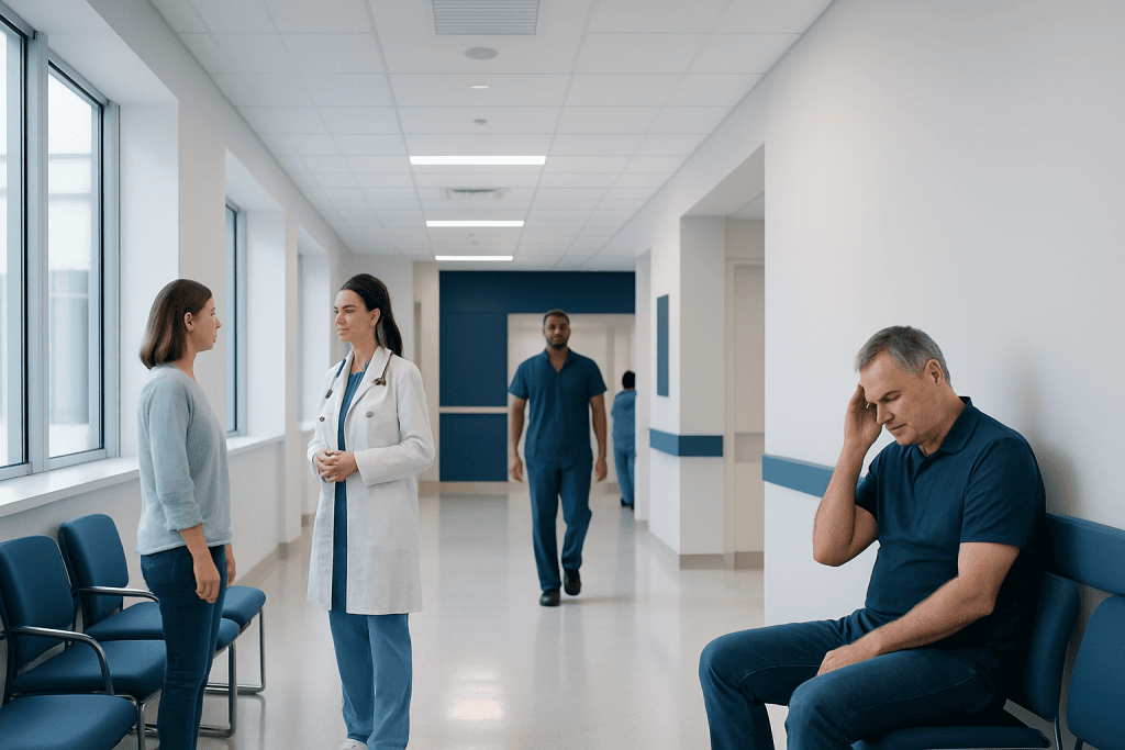 Spinal CSF Leak Headache: Why Pain Improves When Lying Down 1 Patient experiencing headache in hospital corridor with medical staff nearby.