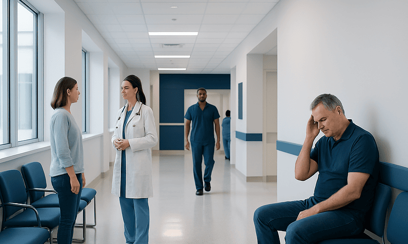 Patient experiencing headache in hospital corridor with medical staff nearby.