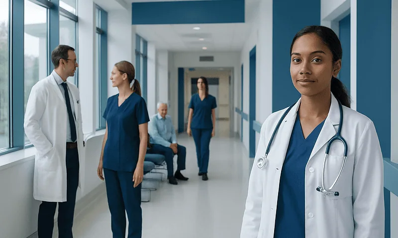Healthcare professionals in a hospital corridor at Acibadem Hospitals Group.