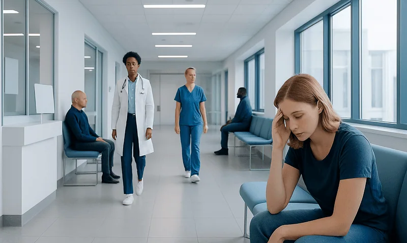 Young woman with headache in hospital corridor, healthcare professionals nearby.