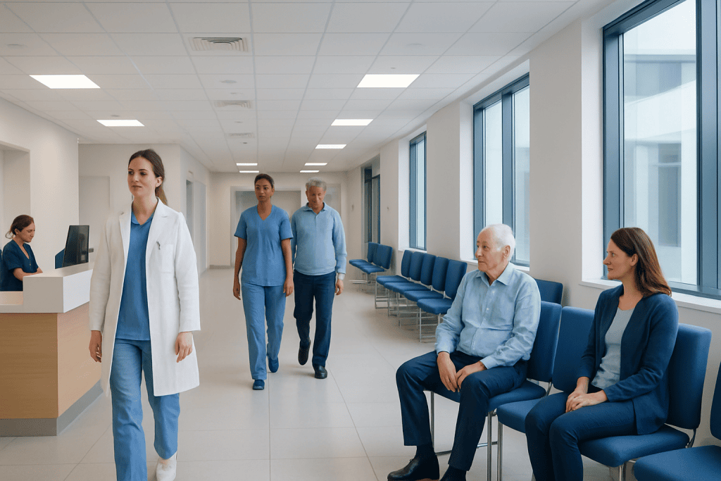 When Is Coronary Artery Bypass Surgery Recommended for Stable Angina? 1 Hospital corridor with medical staff and patients in a modern healthcare facility.
