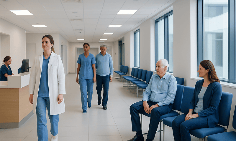 Hospital corridor with medical staff and patients in a modern healthcare facility.
