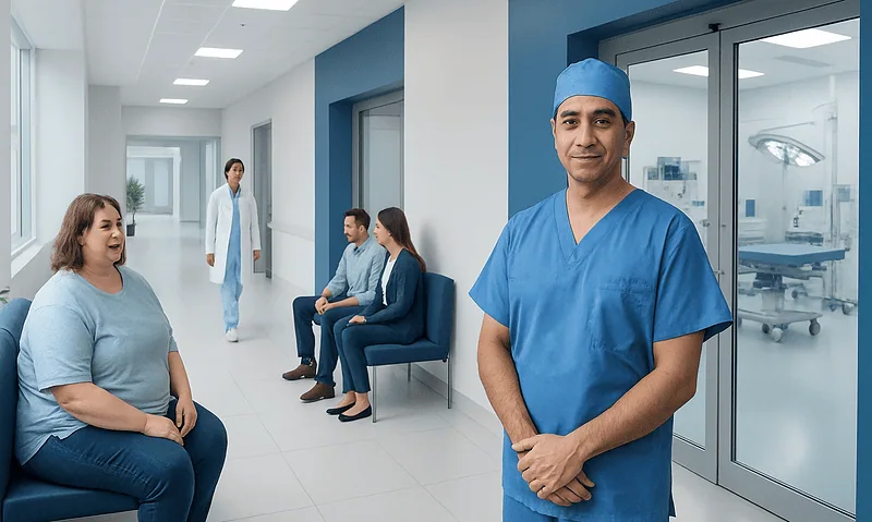 Medical professional in blue scrubs with patients in hospital corridor.