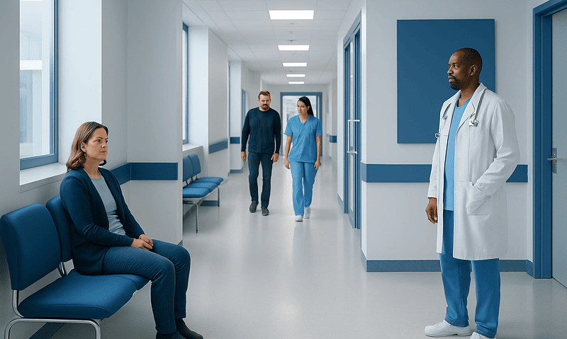 Medical consultation in hospital corridor with doctor and patient.