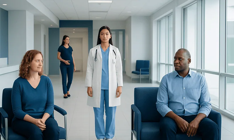 Medical consultation with a doctor and patients in a hospital corridor.