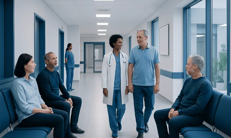 Medical team consulting in hospital corridor with patients and staff.