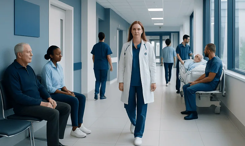 Healthcare professionals and patients in a hospital corridor.