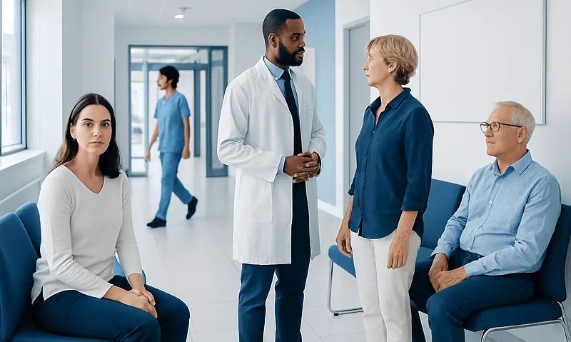 Doctor consulting with female patient in hospital corridor.