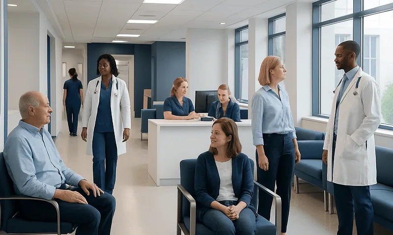 Patients and doctors in a hospital waiting area and consultation room.