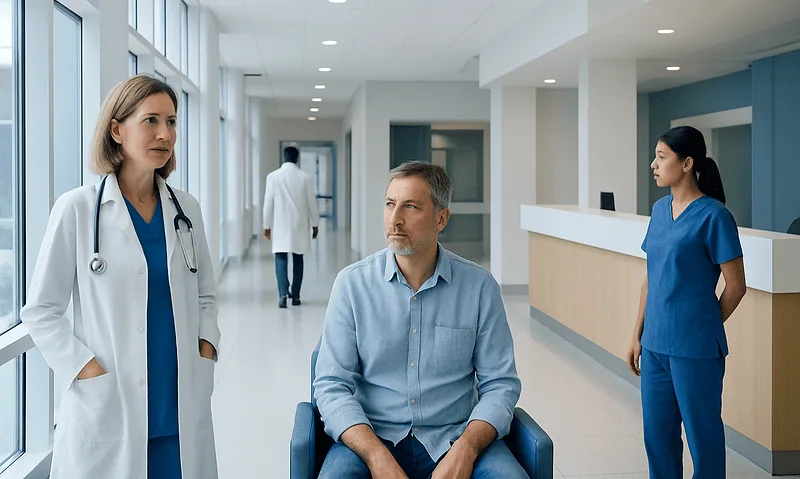 Doctor consulting with a male patient in a hospital corridor.