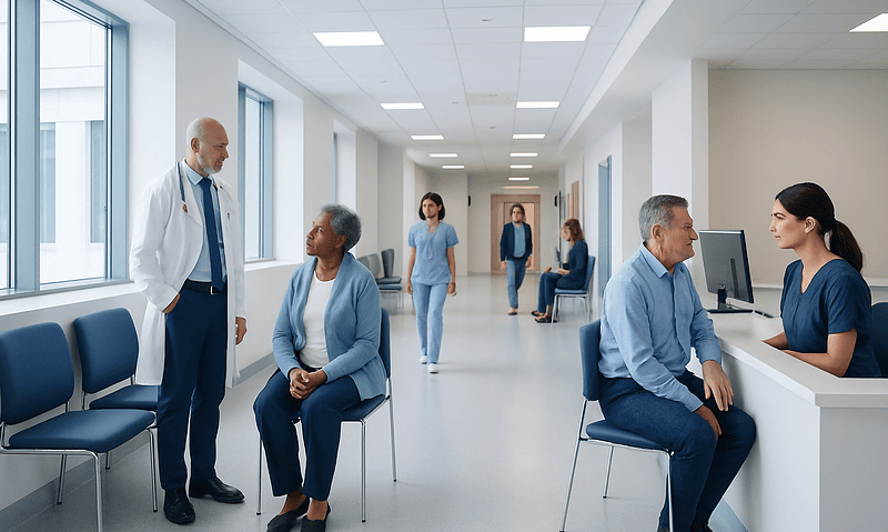 Hospital waiting area with patients and medical staff.