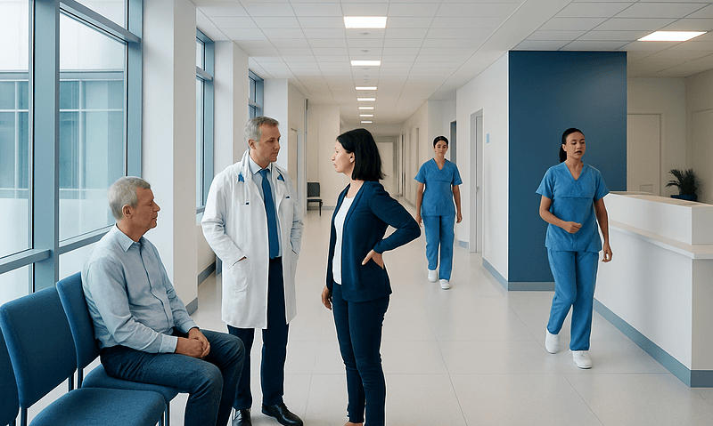 Medical team discussing patient care in hospital corridor.