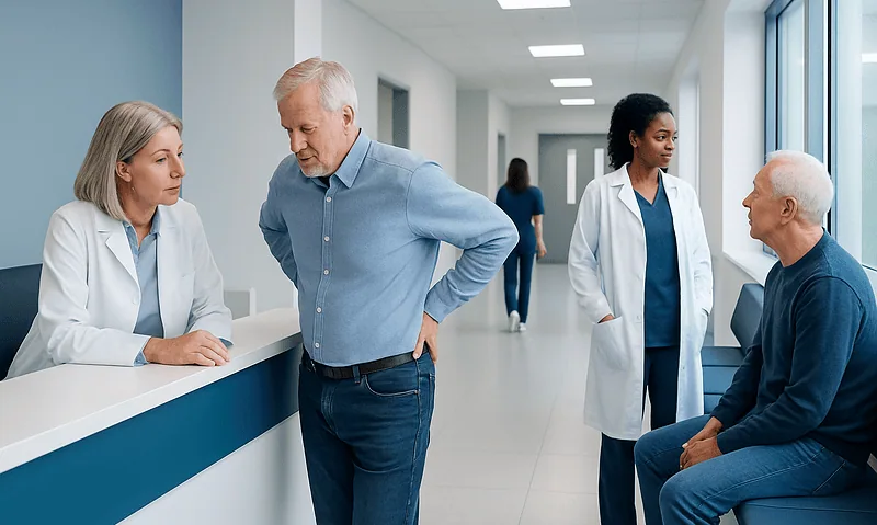 Doctor consulting with patient at hospital reception desk.