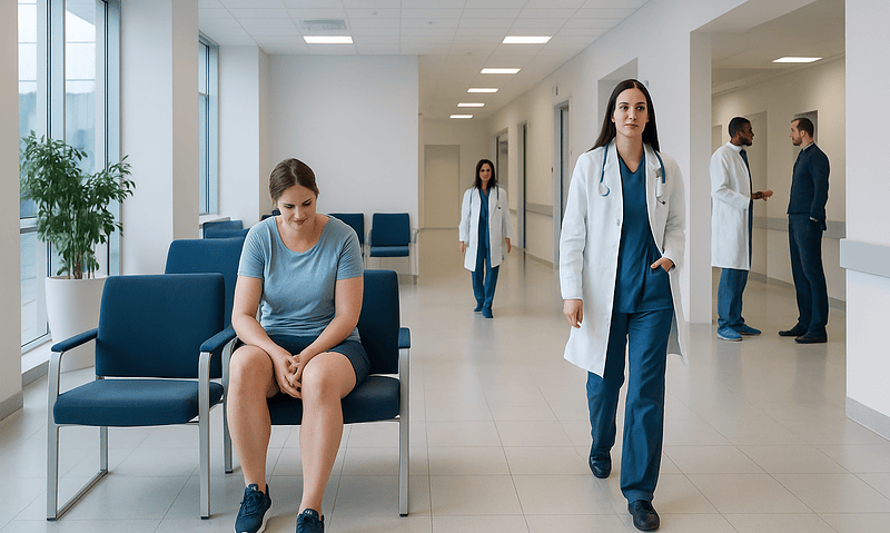 Patient waiting in hospital corridor with medical staff nearby.