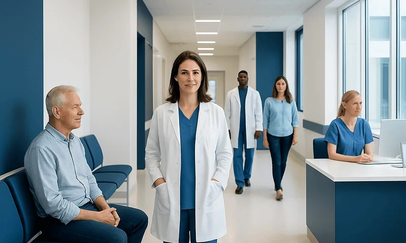 Medical team in hospital corridor with doctor and patients.