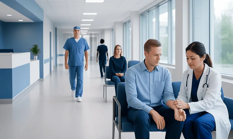 Doctor examining patient's wrist in hospital corridor.