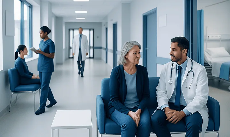 Doctor consulting with an elderly female patient in a hospital corridor.
