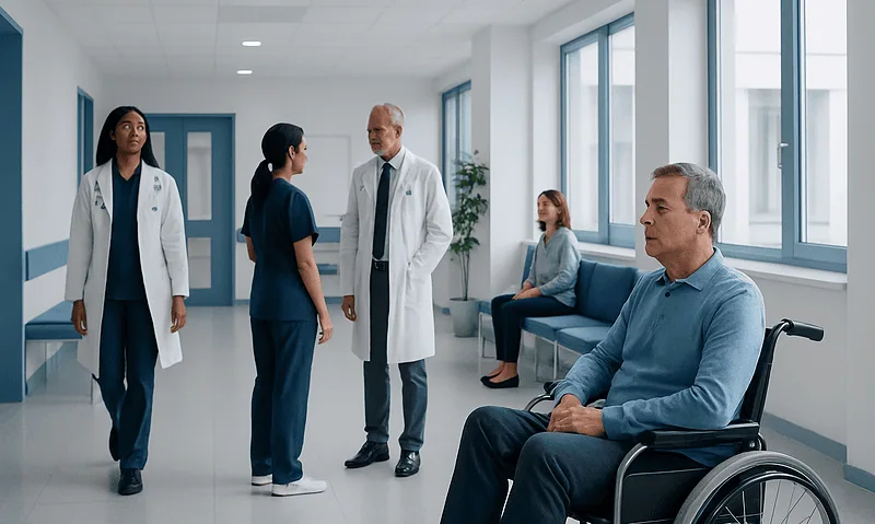 Medical team consulting with a patient in a hospital corridor.