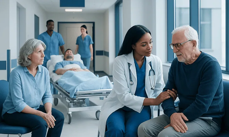 Healthcare professionals caring for elderly patient in hospital corridor.