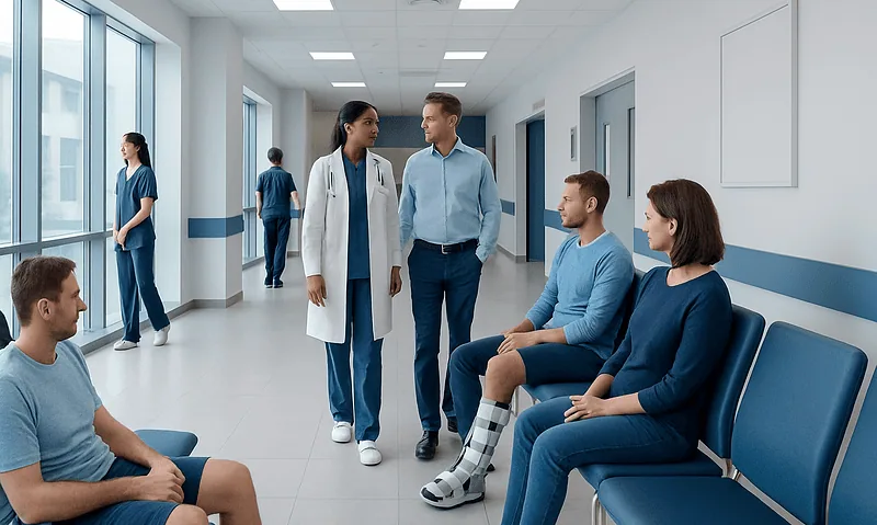 Patients waiting in a hospital corridor with medical staff nearby.