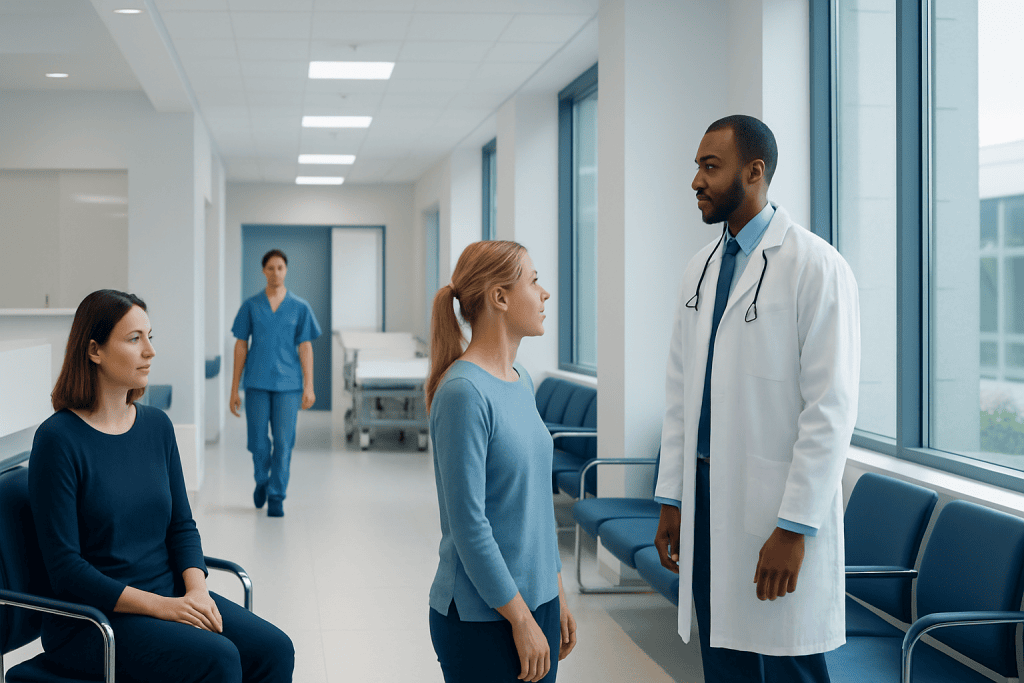 Cervical Disc Herniation: Arm Pain, Numbness, and Treatment Options 1 Doctor consulting patient in hospital corridor with waiting patients nearby.