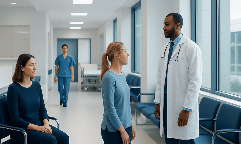 Doctor consulting patient in hospital corridor with waiting patients nearby.