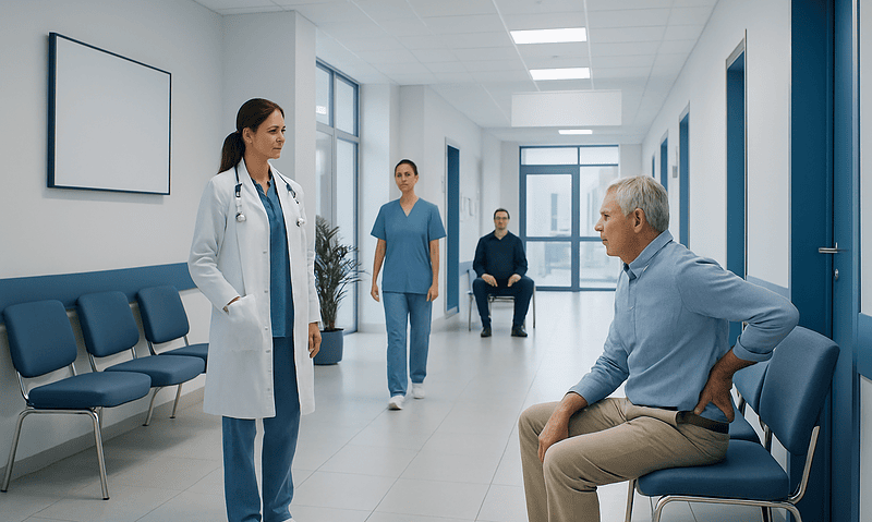 Doctor consulting with a patient in a hospital corridor.