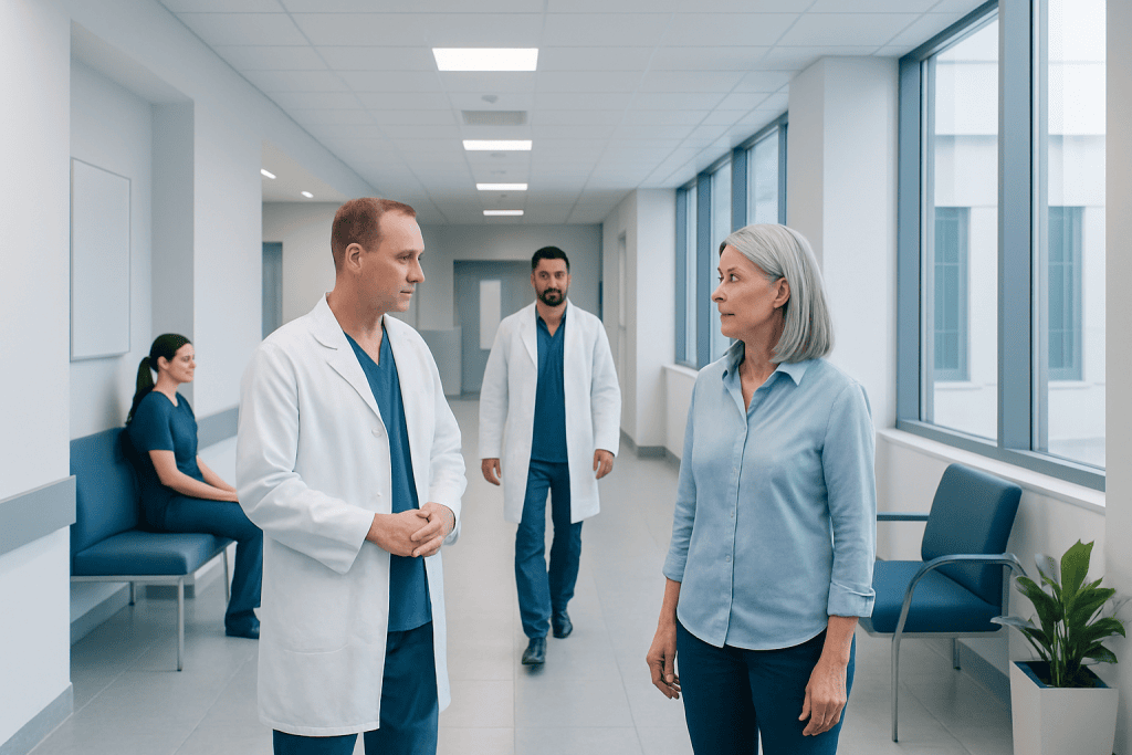 Knee Specialist vs General Orthopedist: Which Doctor Is Right for You? 1 Medical consultation with doctors and patient in hospital corridor.