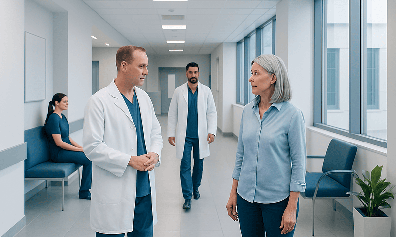 Medical consultation with doctors and patient in hospital corridor.