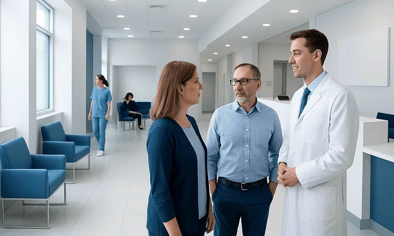 Medical professionals discussing patient care in a hospital corridor.