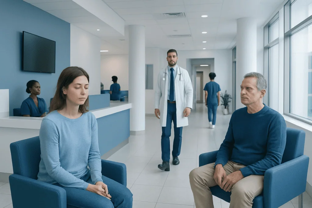 What Is Brain Fog After COVID? Causes, Evaluation, and Recovery 1 Patient experiencing brain fog in a hospital waiting area with medical staff nearby.