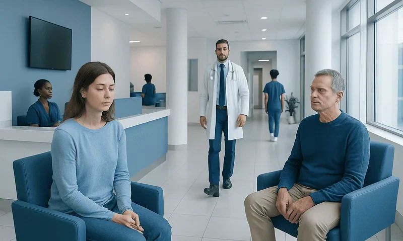 Patient experiencing brain fog in a hospital waiting area with medical staff nearby.