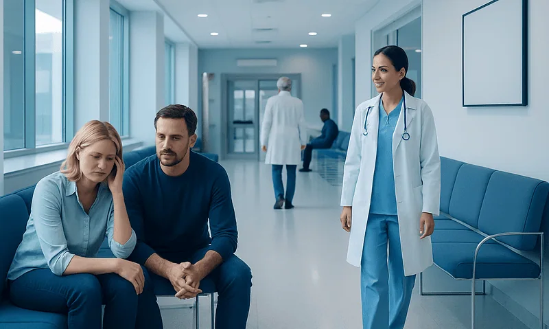 Doctor talking to worried patient in hospital corridor.